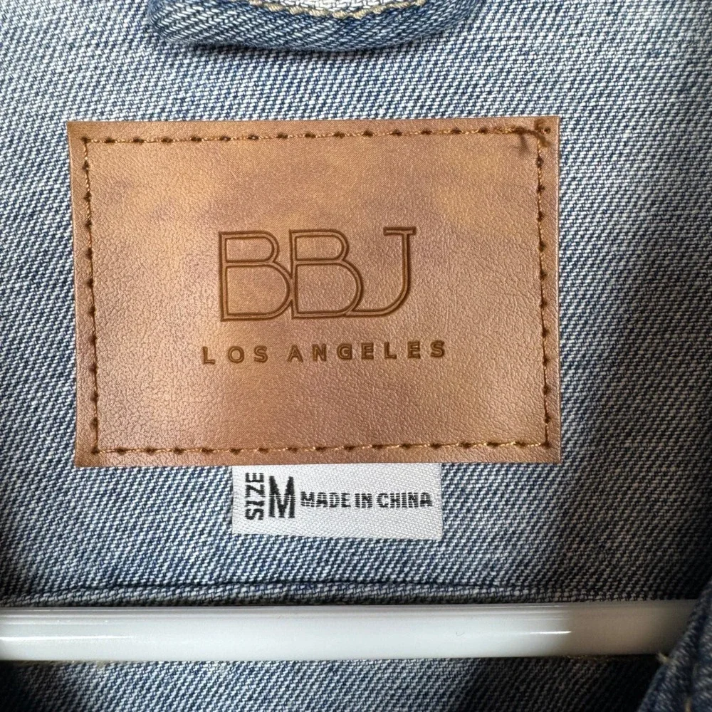 BBJ Los Angeles Denim Jacket‎ Blue White Distressed Cropped Jean Coat Sz Medium